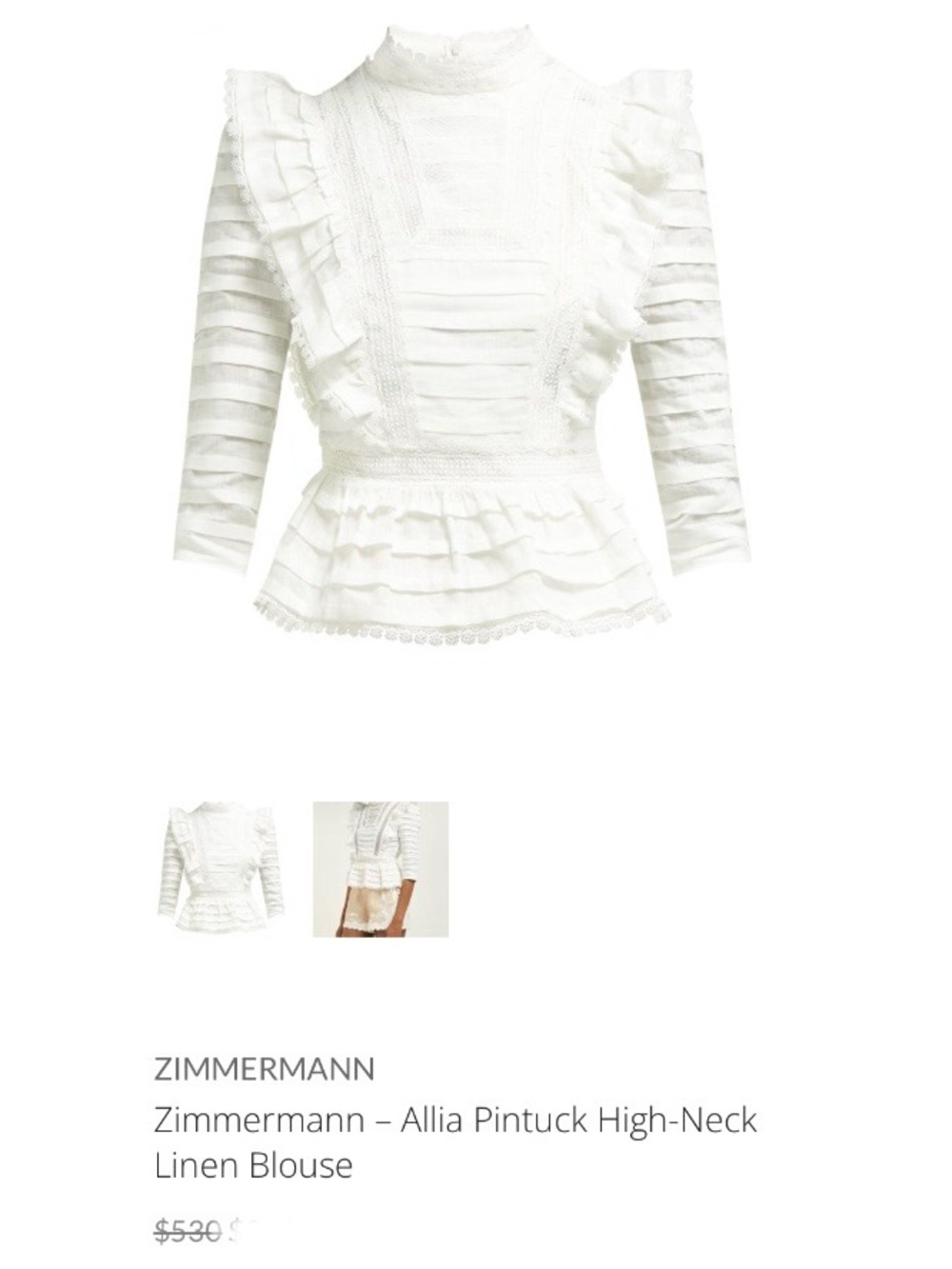 Zimmerman Allia Pintuck High Neck Linen Top Ivory Size 1 US 6 Ruffle Lace Luxury - Picture 2 of 16